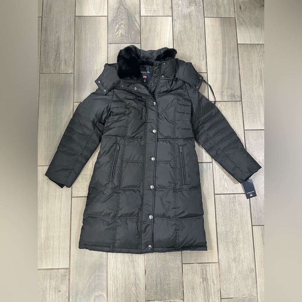 New with Tags London Fog Chevron Coat with Faux Fur Trimmed Hood - Picture 5 of 8